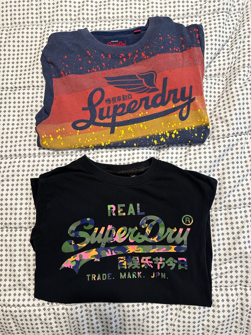 Two Superdry T-Shirts Paint Splatter and Camo Classic Script